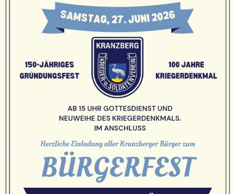 Jubiläumsfeier des KSV Kranzberg mit Bürgerfest am Samstag, 27.06.2026